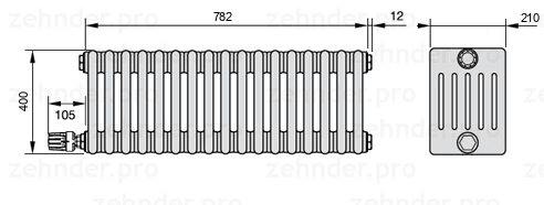 Схема (чертеж) Радиатор Zehnder Charleston 6040/17 №V003 Белый глянцевый RAL 9016